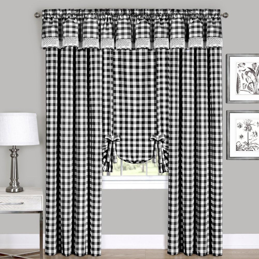 Buffalo Check Panel Window Curtain – 42 Inch Width, 84 Inch Length – Black & Whi