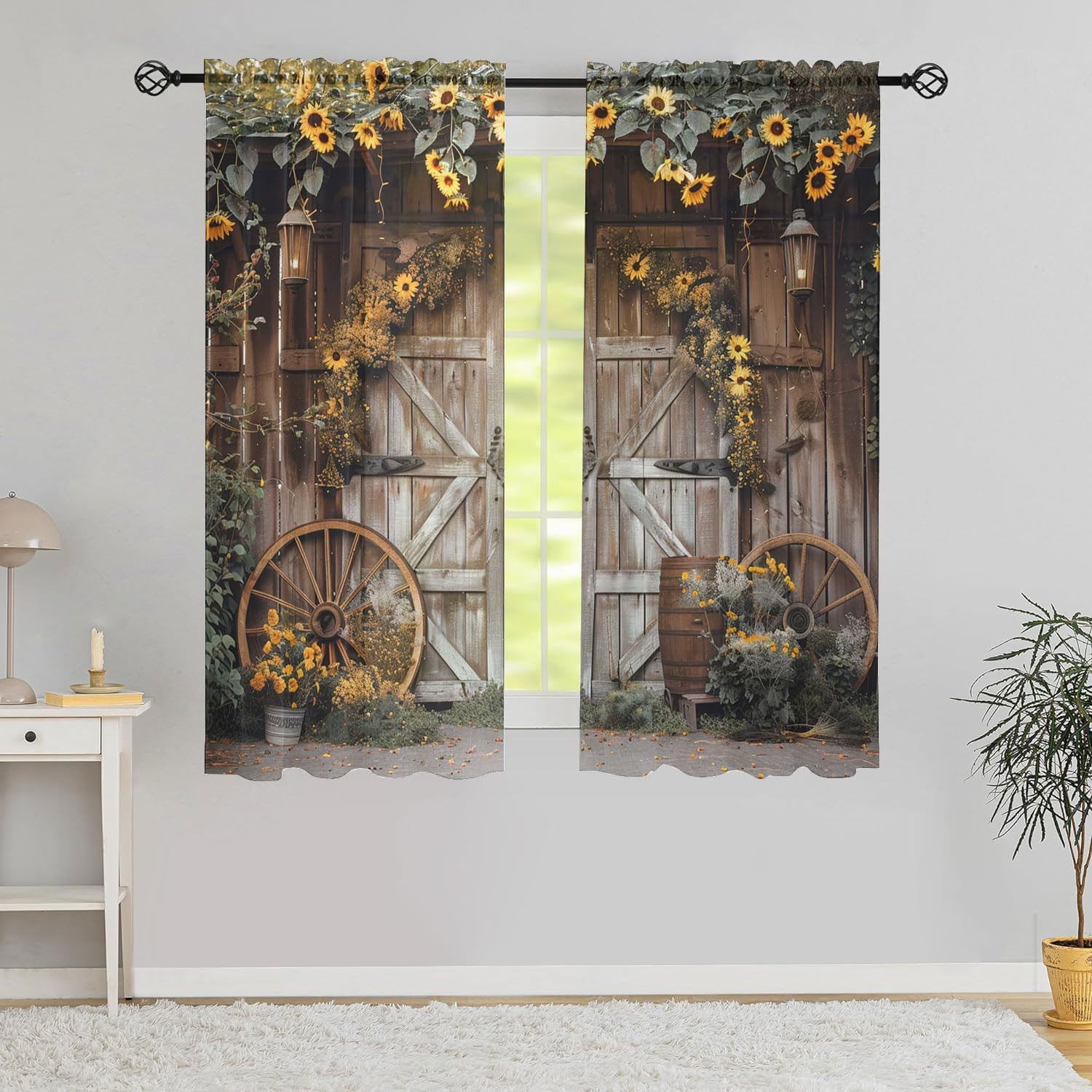 Rustic Sunflower Printed Window Treatment Curtains Wooden Barn Door Country Retr