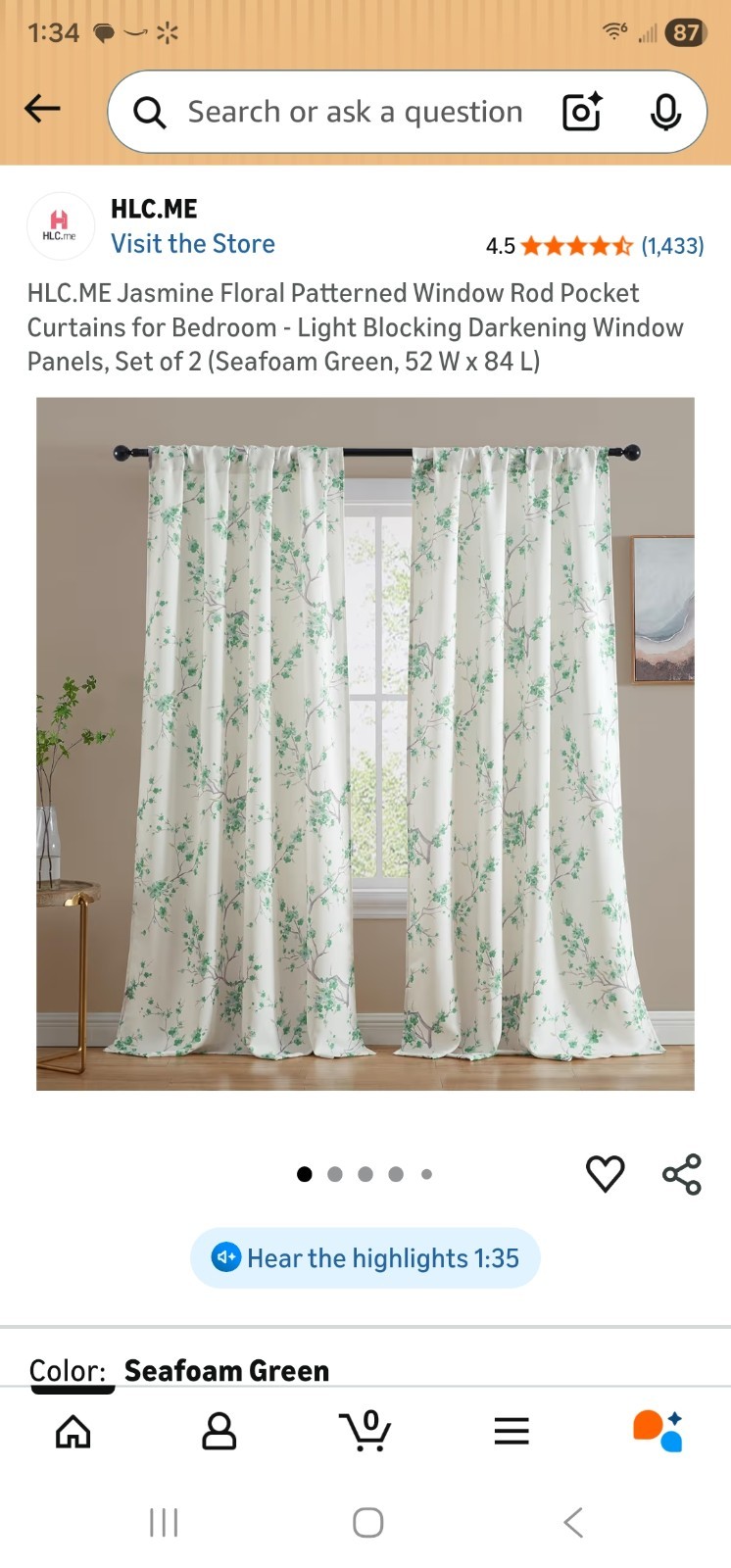 HLC.ME Jasmine Floral Rod Pocket Light Blocking Curtains Set Seafoam Green 52×8…