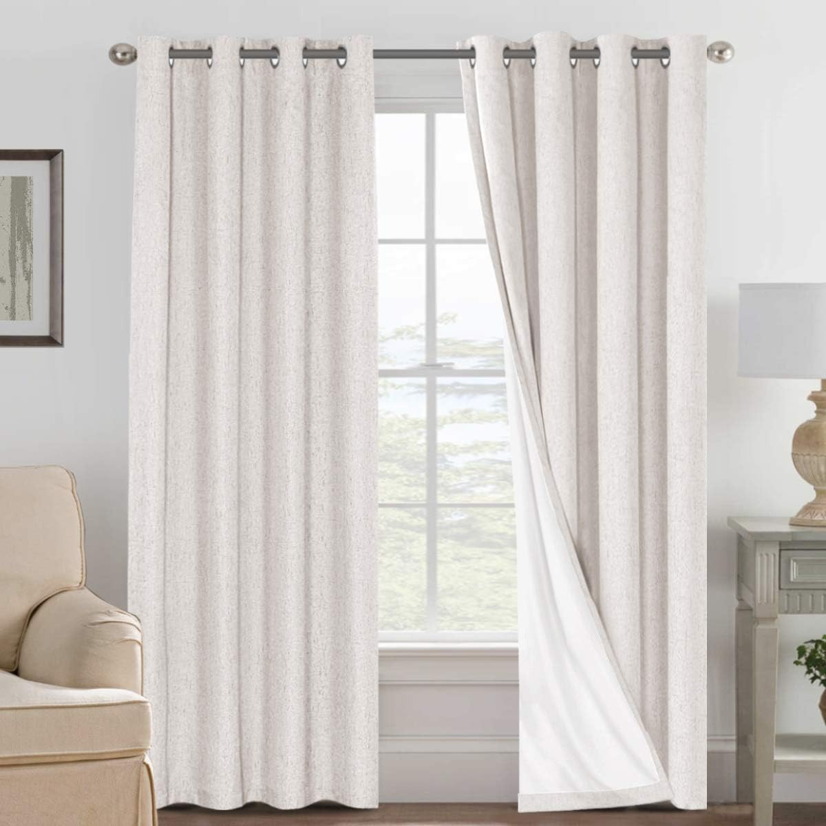 100% Blackout Linen Curtains 96″ Long Ivory Grommet Pair Set