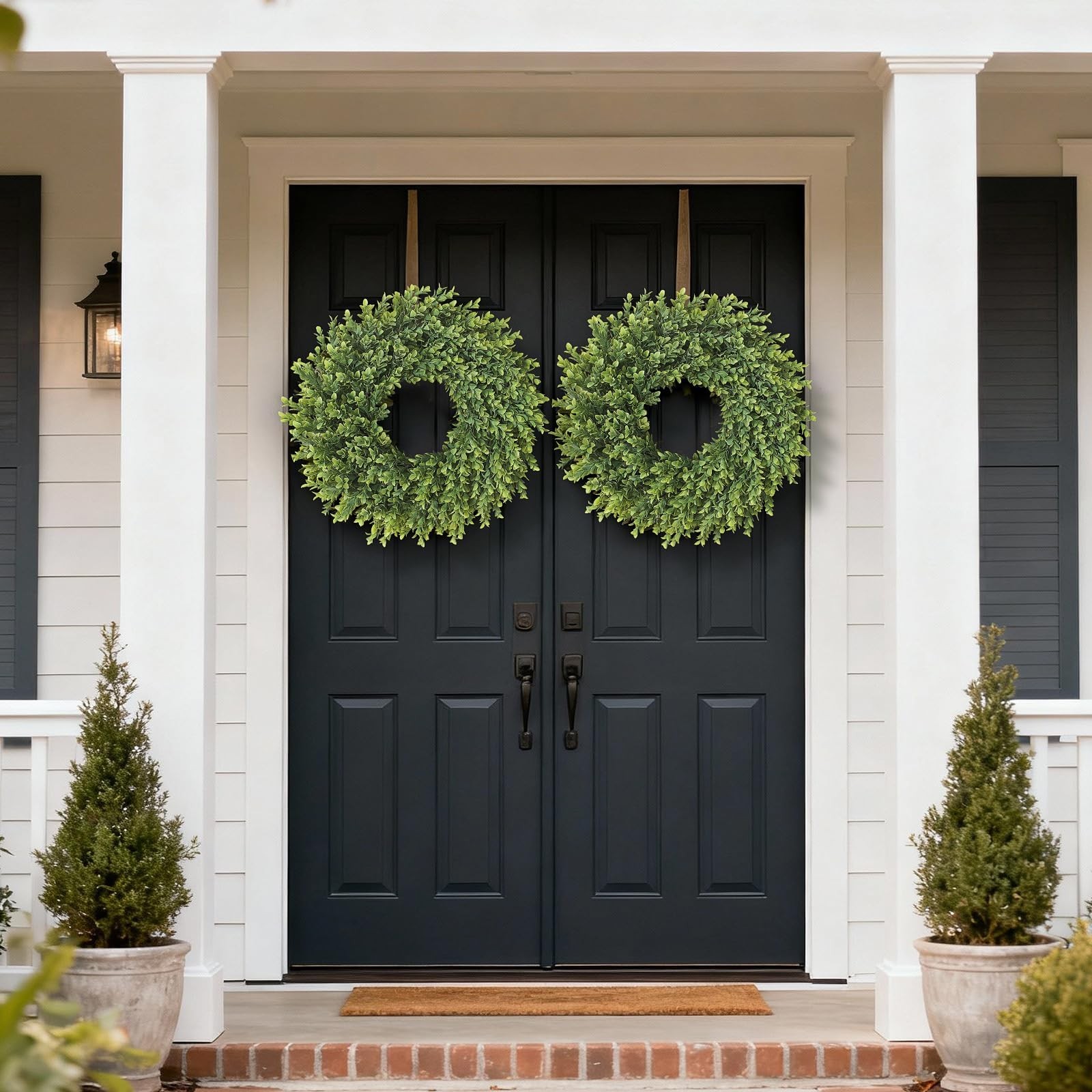 26″ Artificial Boxwood Wreath for Front Door – Large Faux Plant Fake Greenery…
