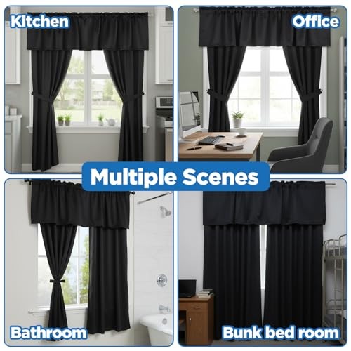 4 Pcs Black Valance for Windows, 52”x18” Black Basement Window Curtains, Small