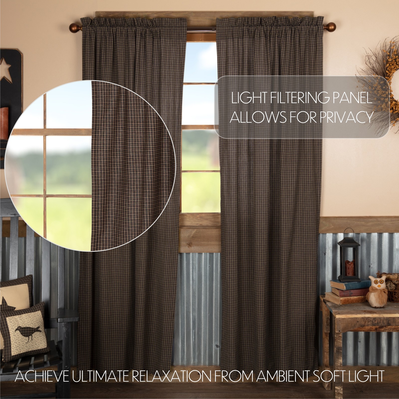 VHC Brands Primitive 84″x40″ Plaid Panel Pair Black Rod Pocket Window Curtains