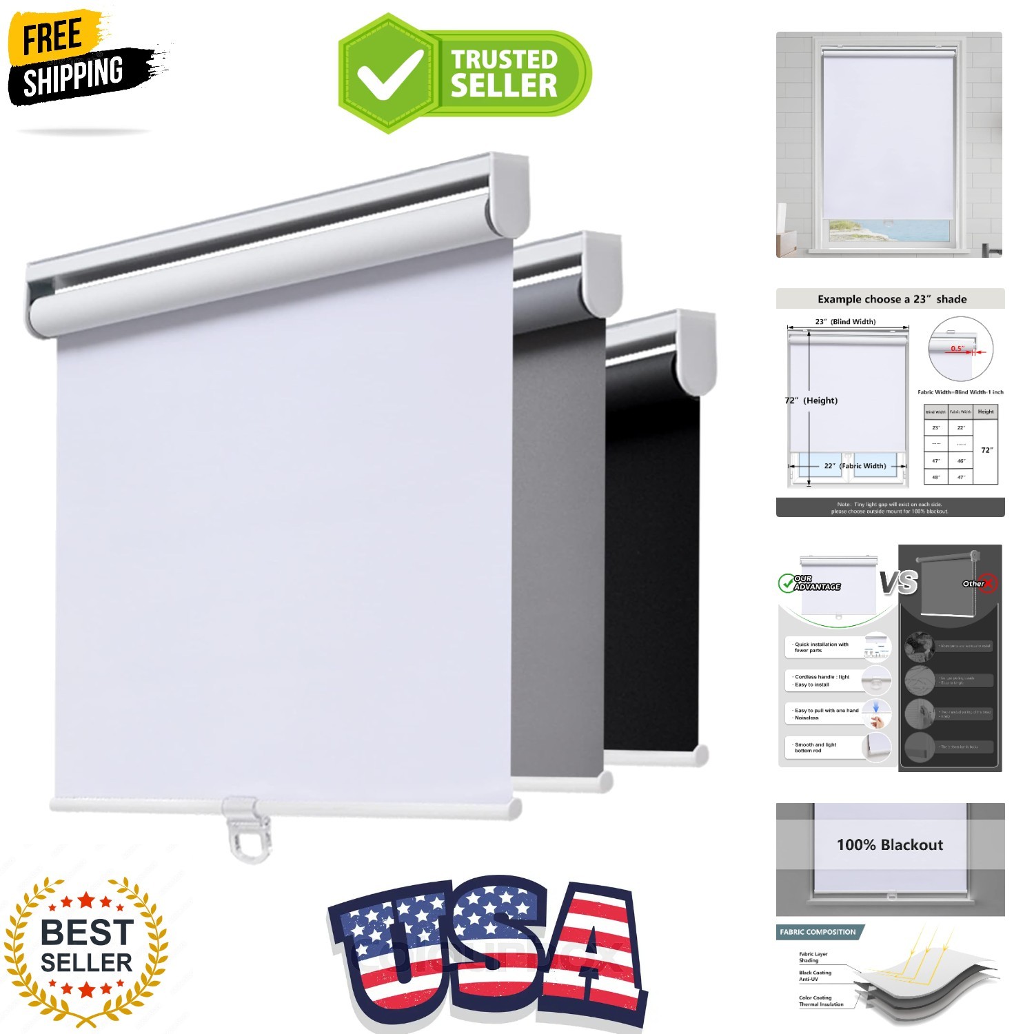 Cordless Roller Shades Blackout Blinds for Windows Room Darkening Rolled Up S…