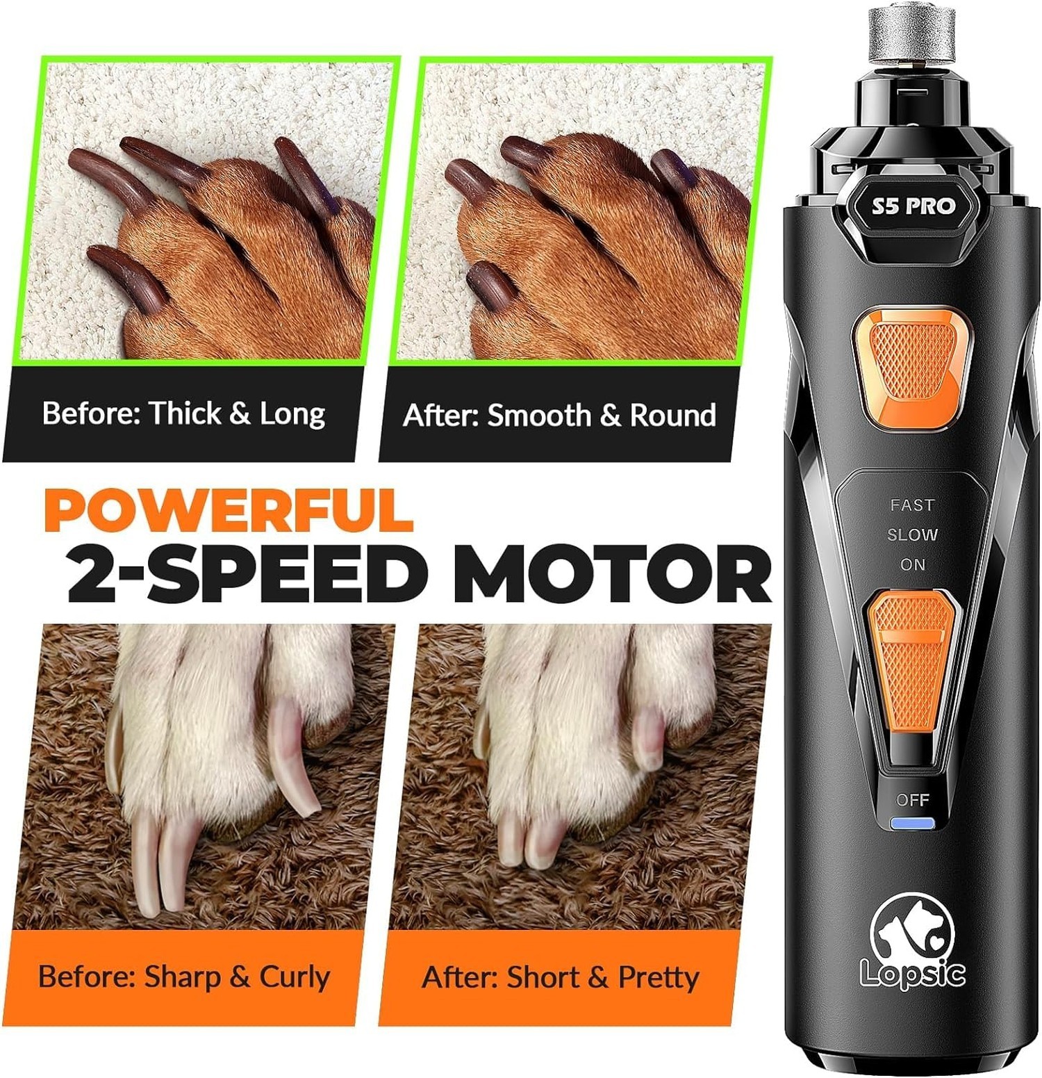 Dog Nail Grinder with 2 LED Lights Powerful 2 Speeds Super Quiet Dog Nail Tri…