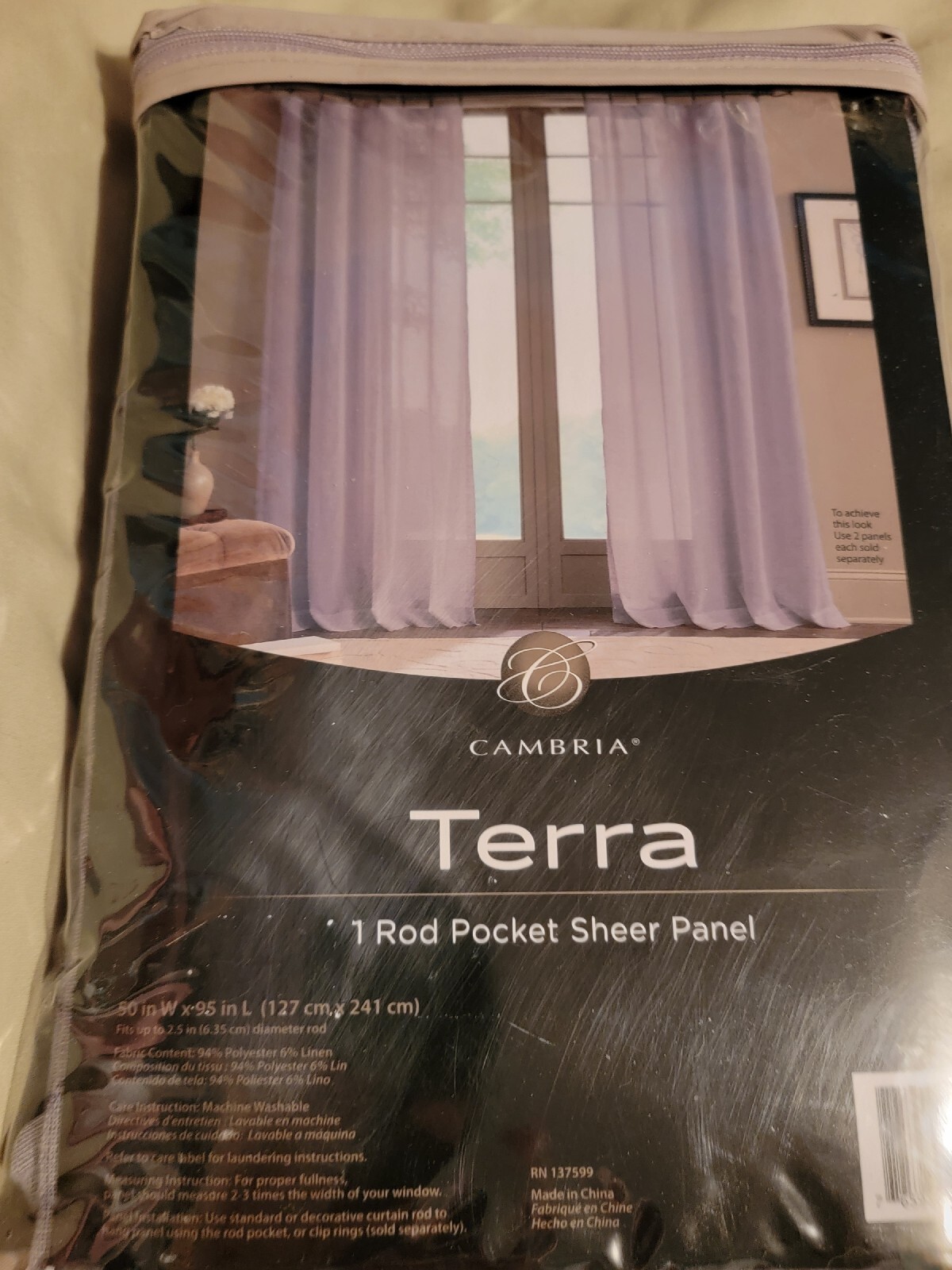 Cambria One Rod Pocket Sheer Panel 95 Inch length