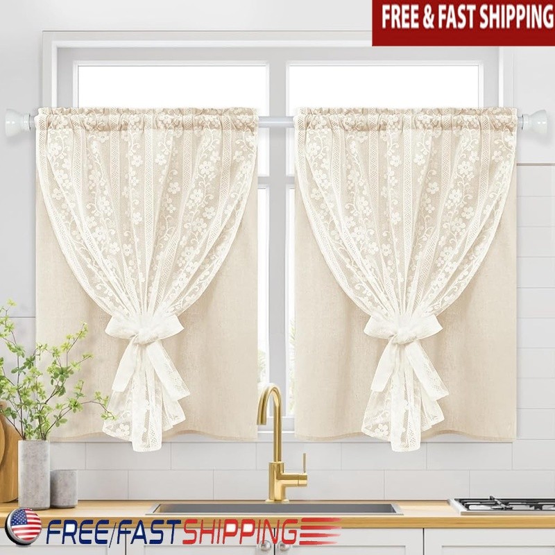 Double Layer Kitchen Curtains Lace Linen Tieback Panels Light Filtering Privacy