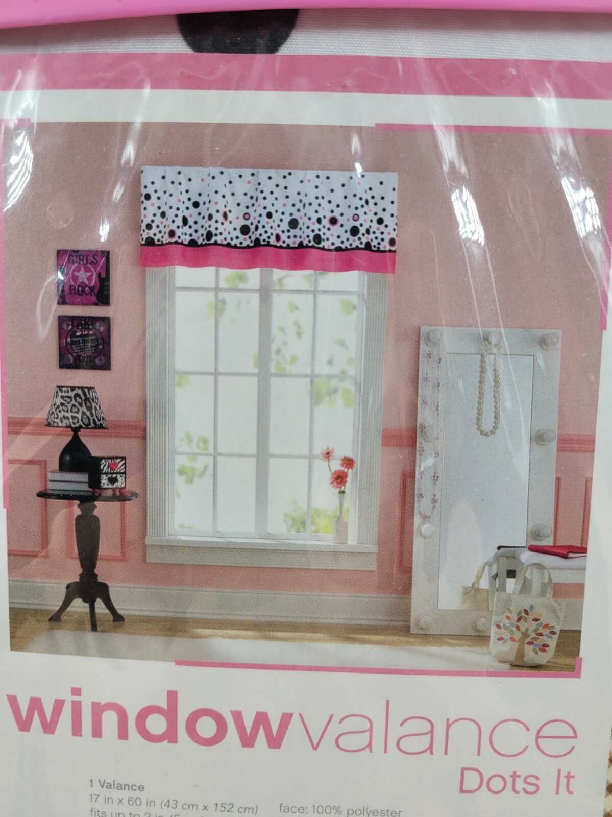Liberty Procurement Window Valance Dots It 17″ x 60″ White Pink & Black Dots NEW