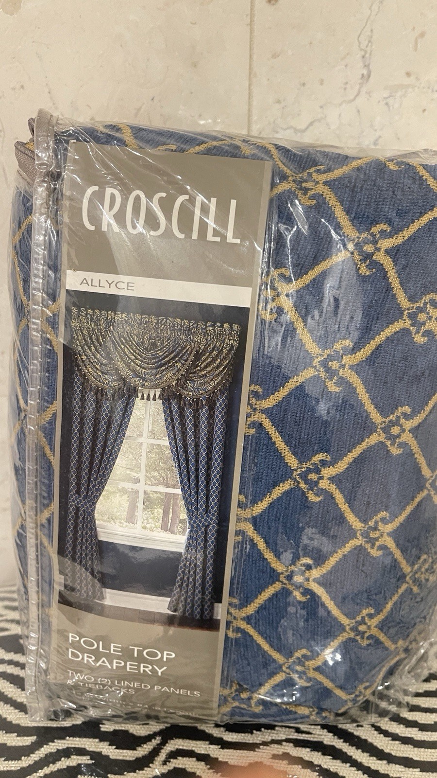 Croscill Allyce Pole Top Drape Drapery Pair 82×84 inches Blue Gold Brand New