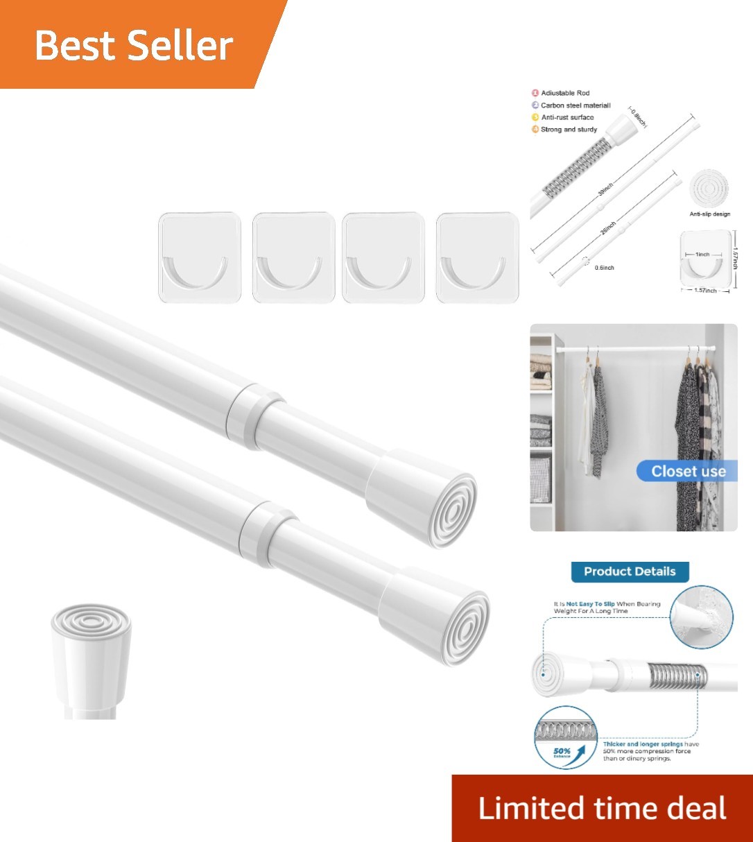 Versatile Spring Tension Rods 2Pcs Set – Adjustable 26-39 Inch, White Finish