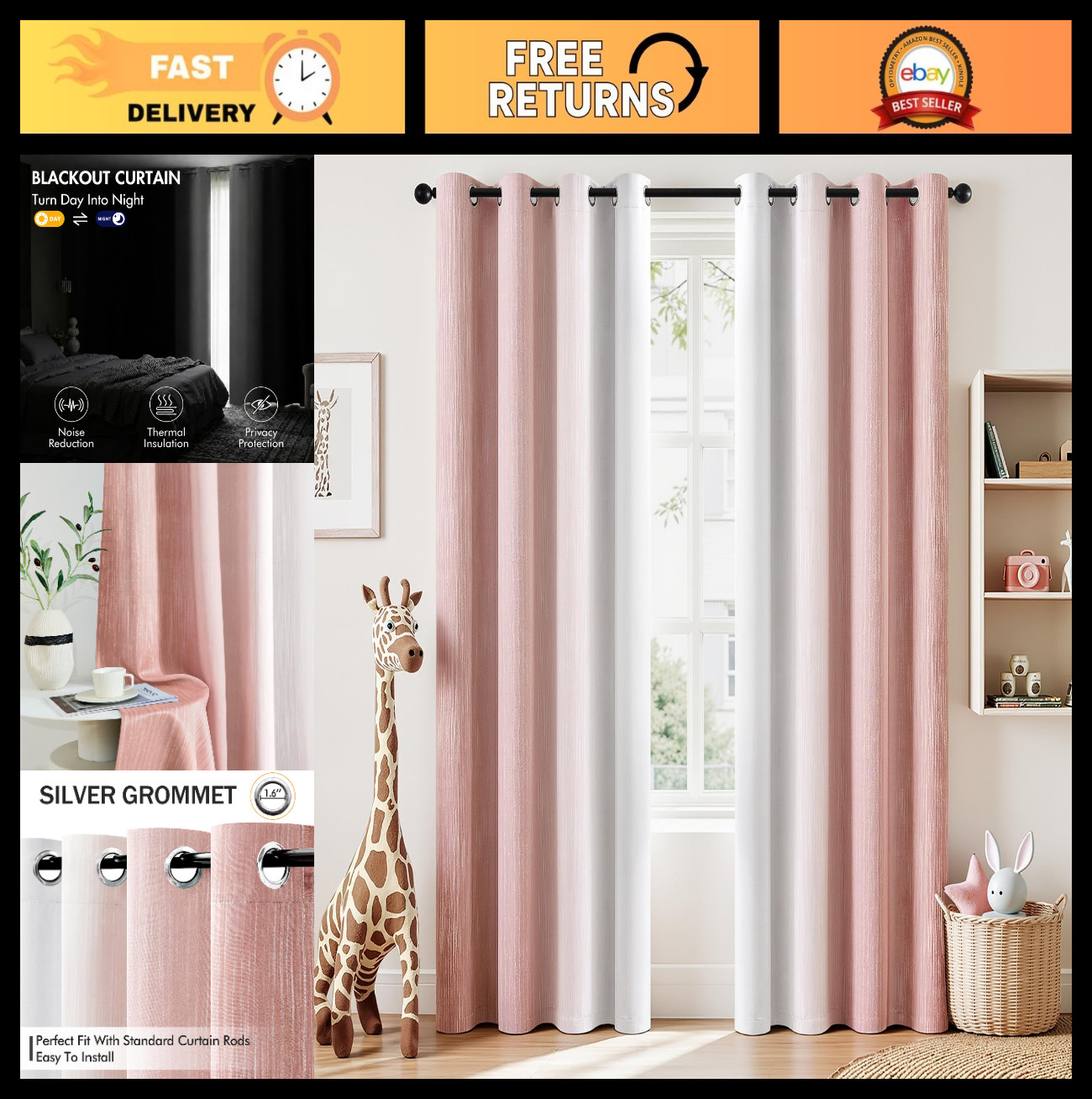 Pink Grey Ombre Blackout Curtains – Thermal Insulated Room Darkening Drapes 84″