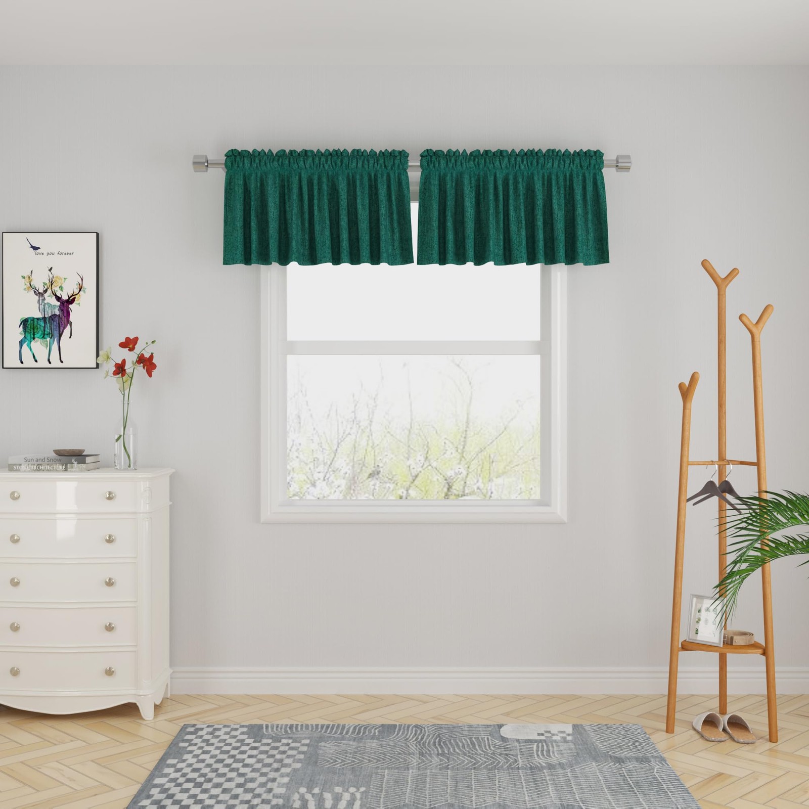 2 Pieces Valance Dark Green Curtains 18 inches Long Linen Textured Bathroom P…