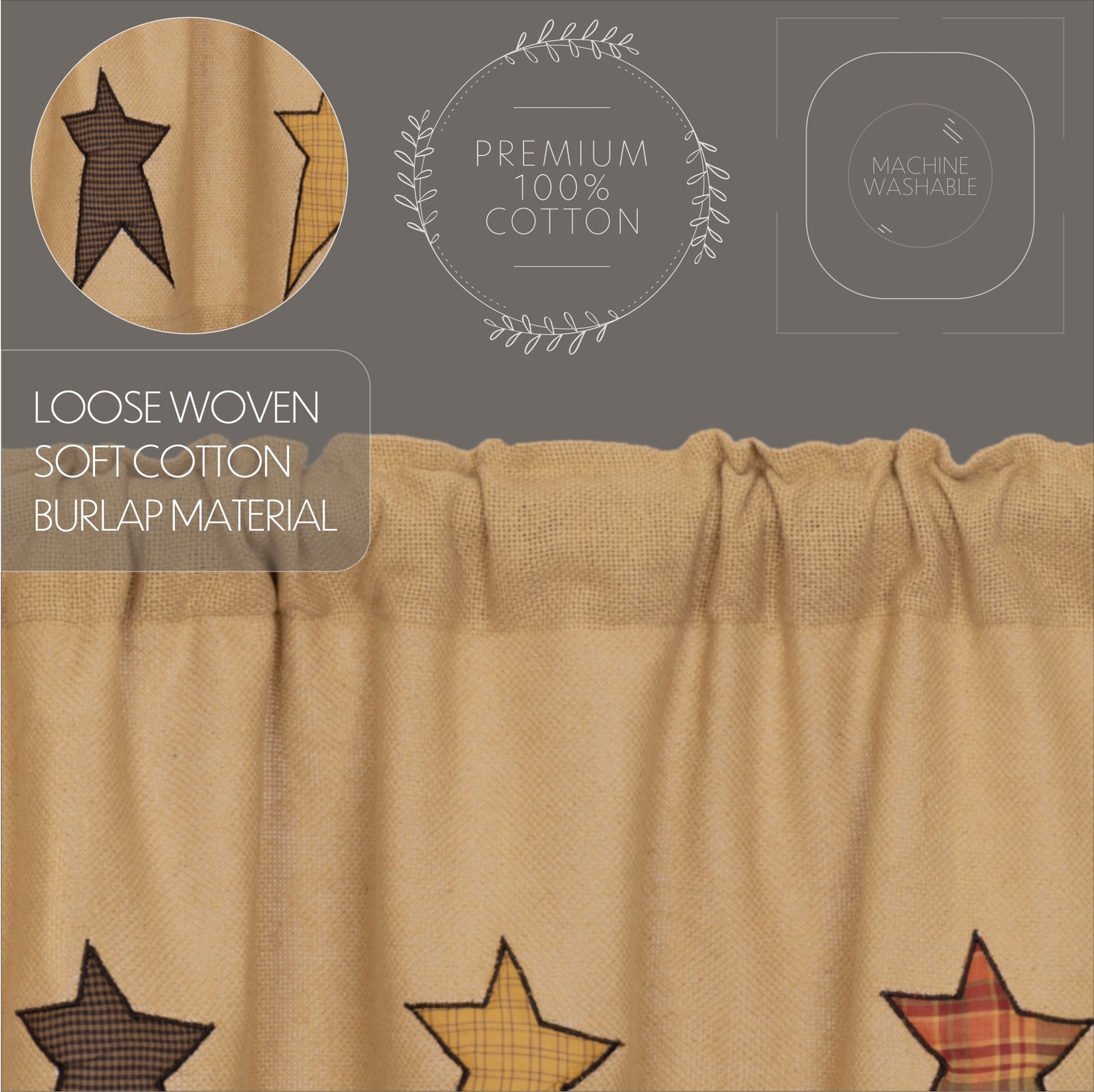 VHC Brands Primitive 36″x36″ Burlap Star Tier Pair Tan Kitchen Window Curtains