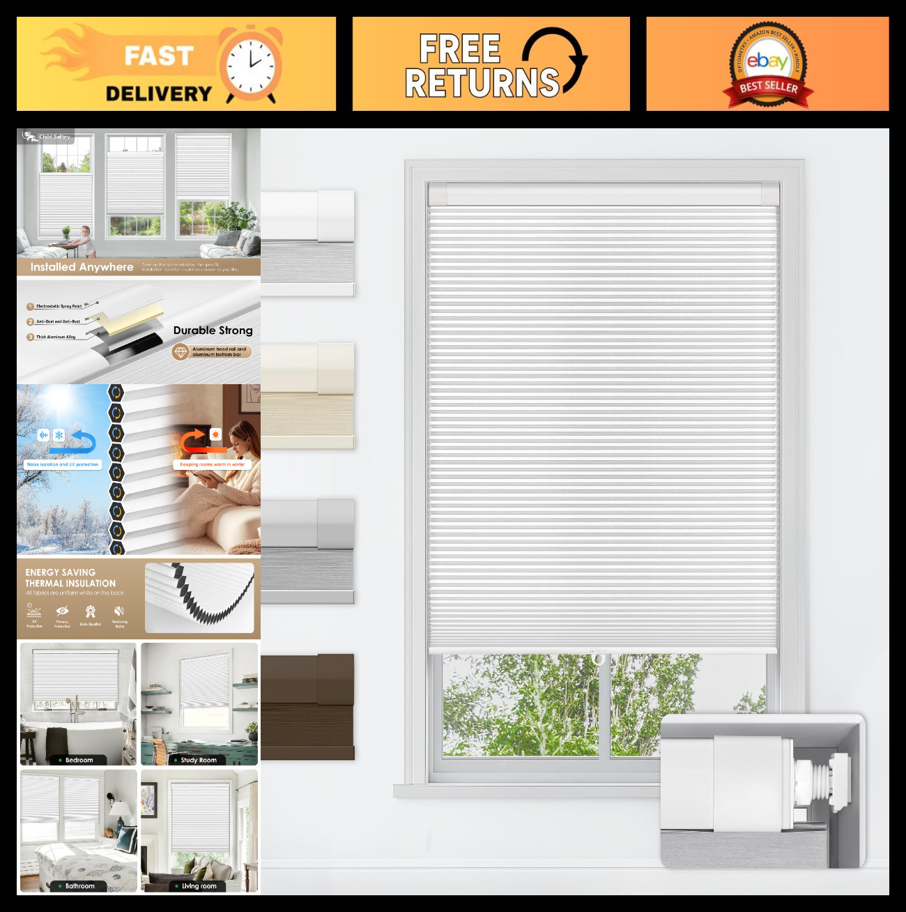 Cordless Cellular Shades – No Tools, No Drill, Blackout Honeycomb Blinds, 19″x36