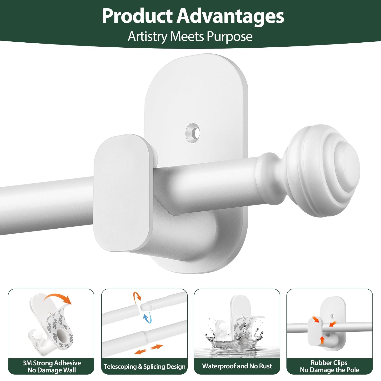 KAMANINA Curtain Rods No Drilling for Windows 32 to 86 Inches, 32-86″, White