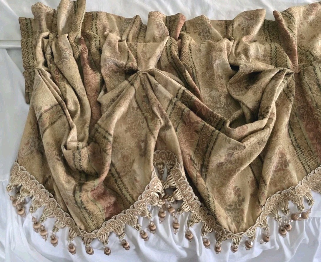 Croscil Beaded Window Valance 2 Panels Waterfall Scalloped 82×17 Damask Brocade
