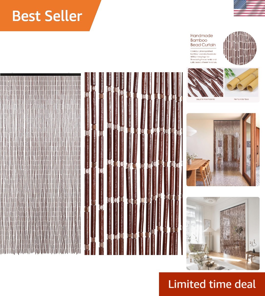 Boho Handmade Bamboo Beaded Curtain for Doorway – 35.5×75 Inches Coffee