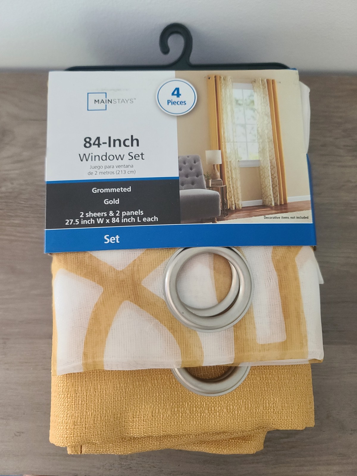Mainstays Solid Printed Sheer Grommet Curtain Panel Set 4 Piece – Gold