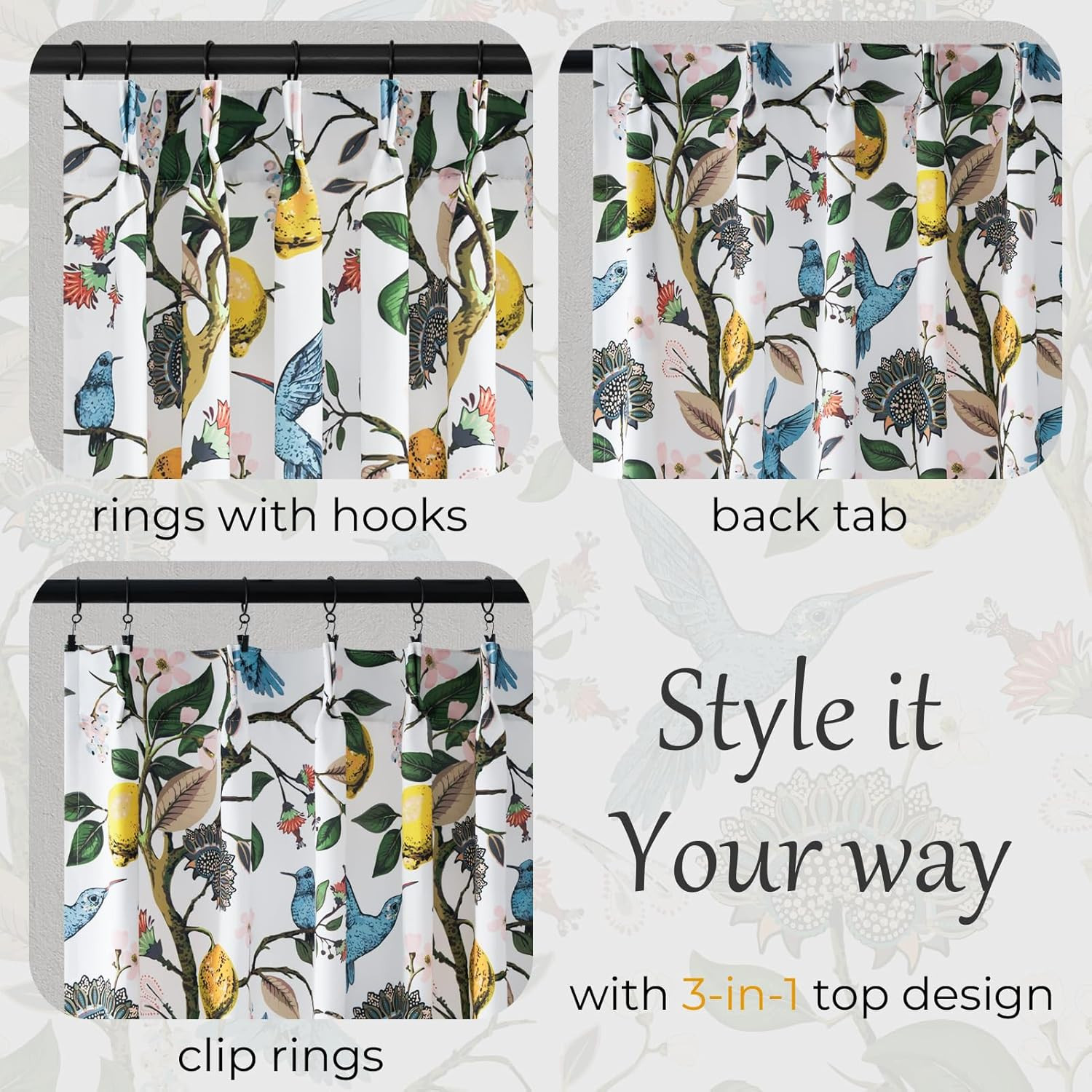 White Kitchen Tier Curtains 36 Inches Long,Botanical Floral Lemon & Hummingbird