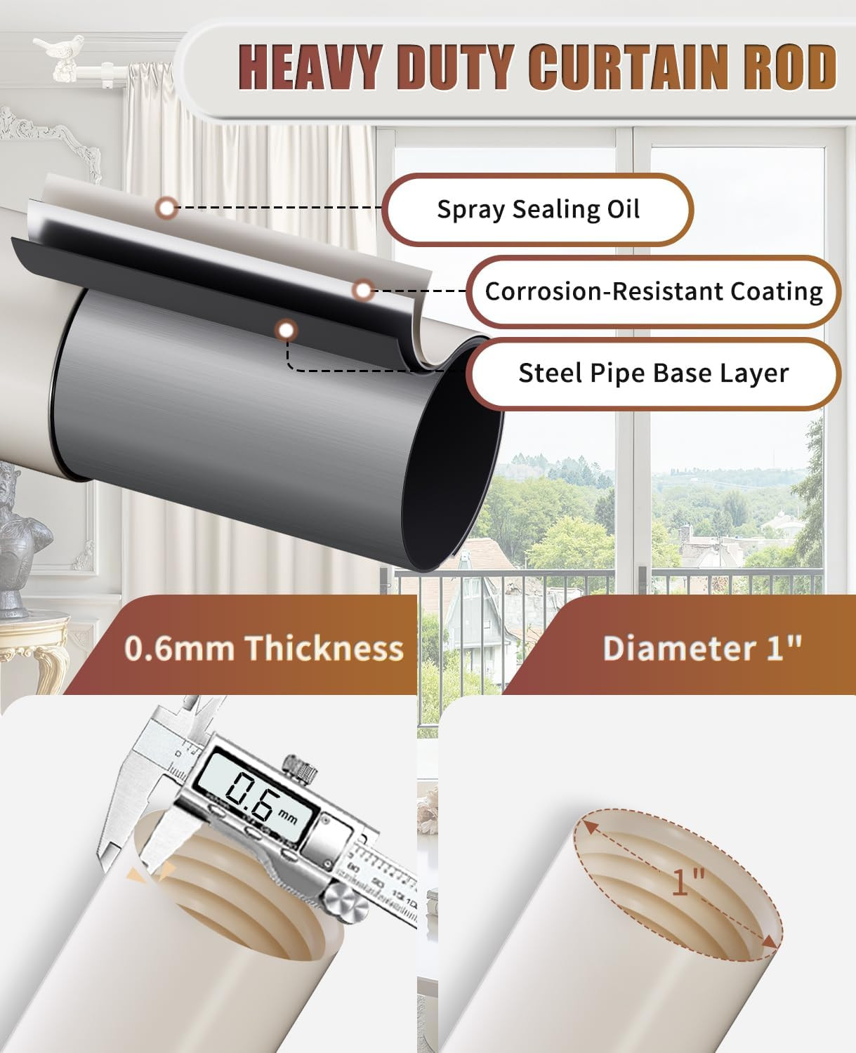 Adjustable White Curtain Rod 36-120″ with Bird Finials for Heavy Duty Use