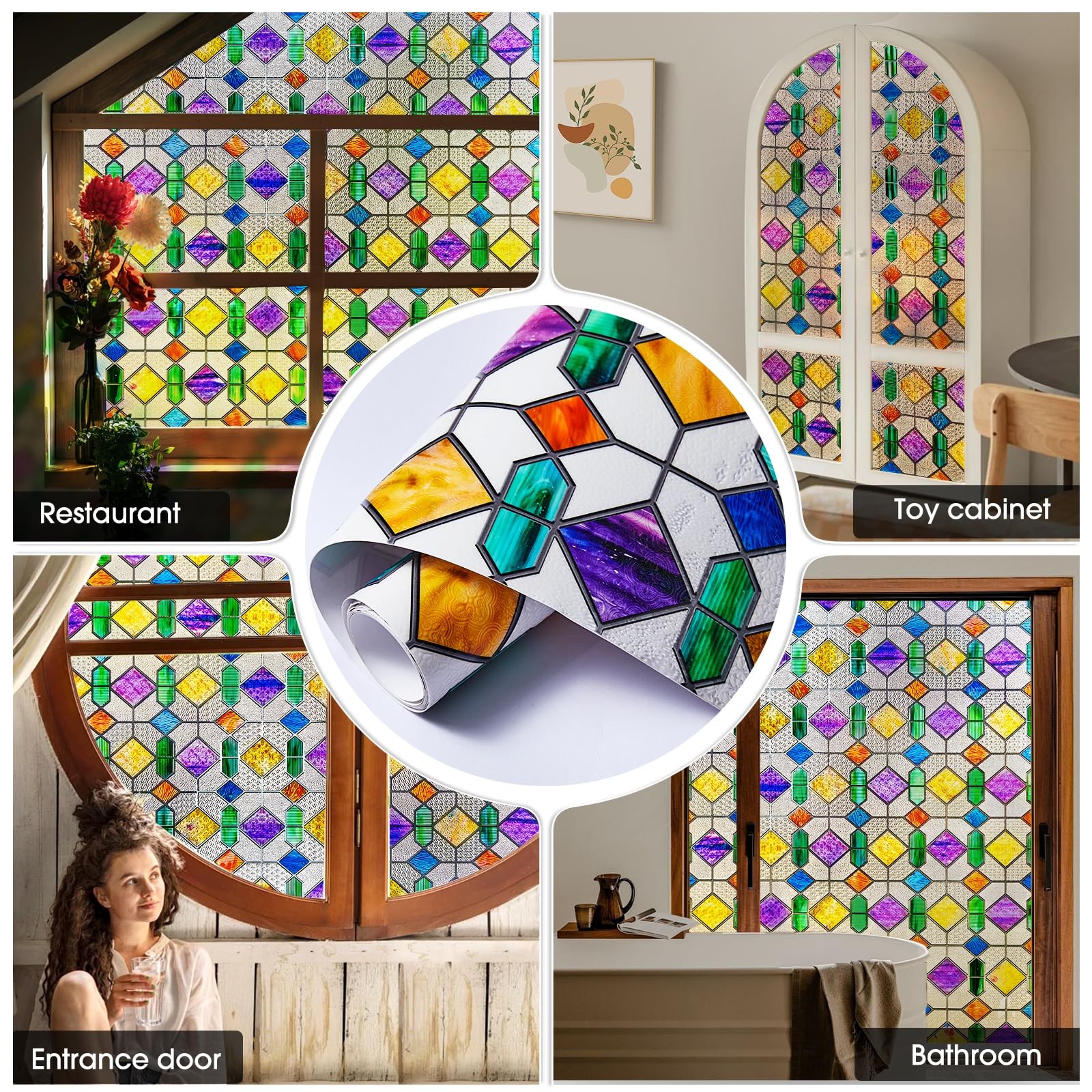 Window Privacy Film Stained Glass Rainbow 16.9 x 39.4 inch Peel and Stick