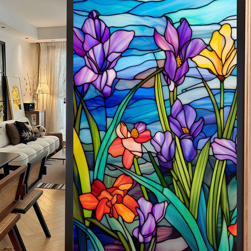 Stained Colorful Tropical Flower Door Curtain Window Glass Sticker PVC Removable