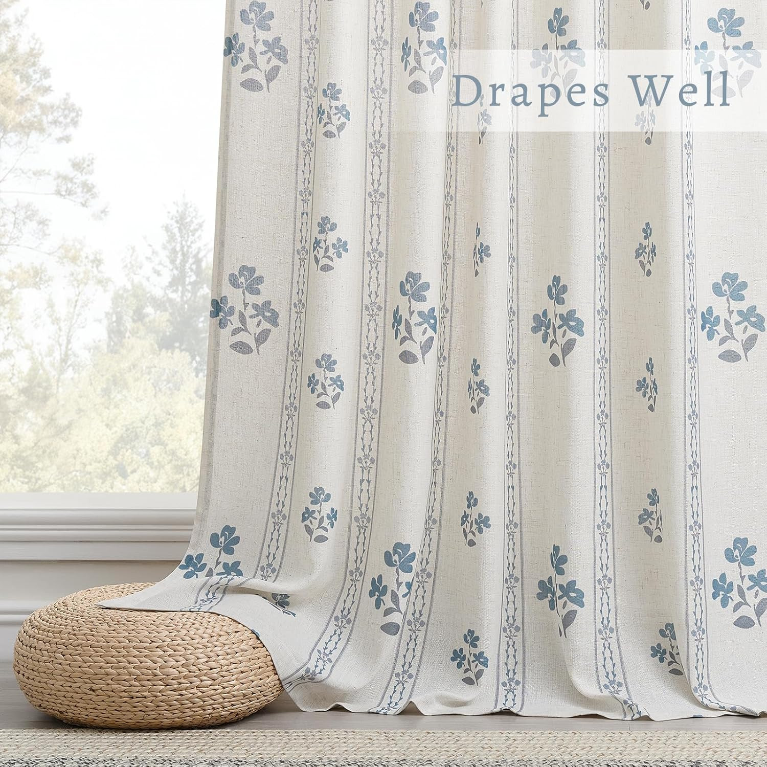 Blue Grey Pinch Pleated Floral Curtains 96 Inches Long for Living Dining Room Pi