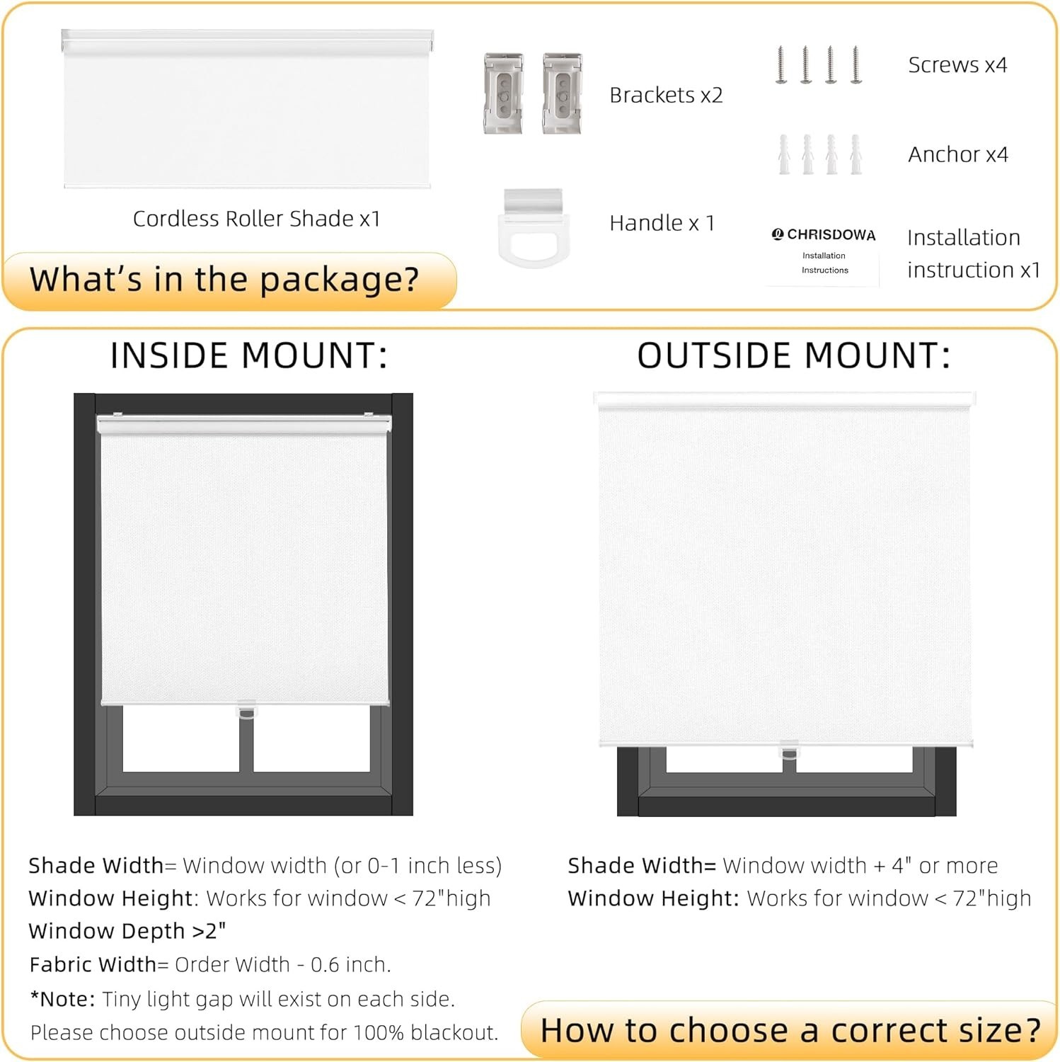 Cordless Blackout Roller Shades for Windows, Thermal 36″W x 72″H White