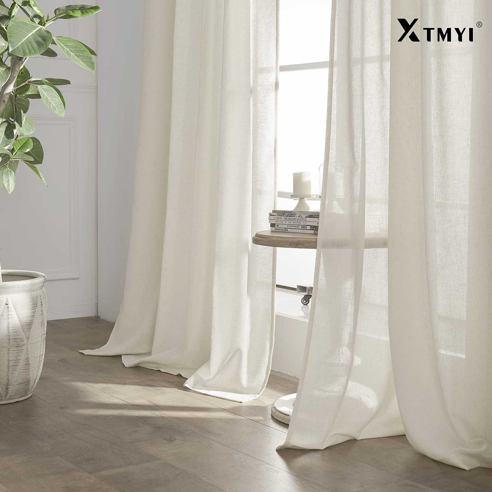 Linen Curtains 96 Inch Long 2 Panel Set, Cream Sheer Pleated Curtain for Livi…