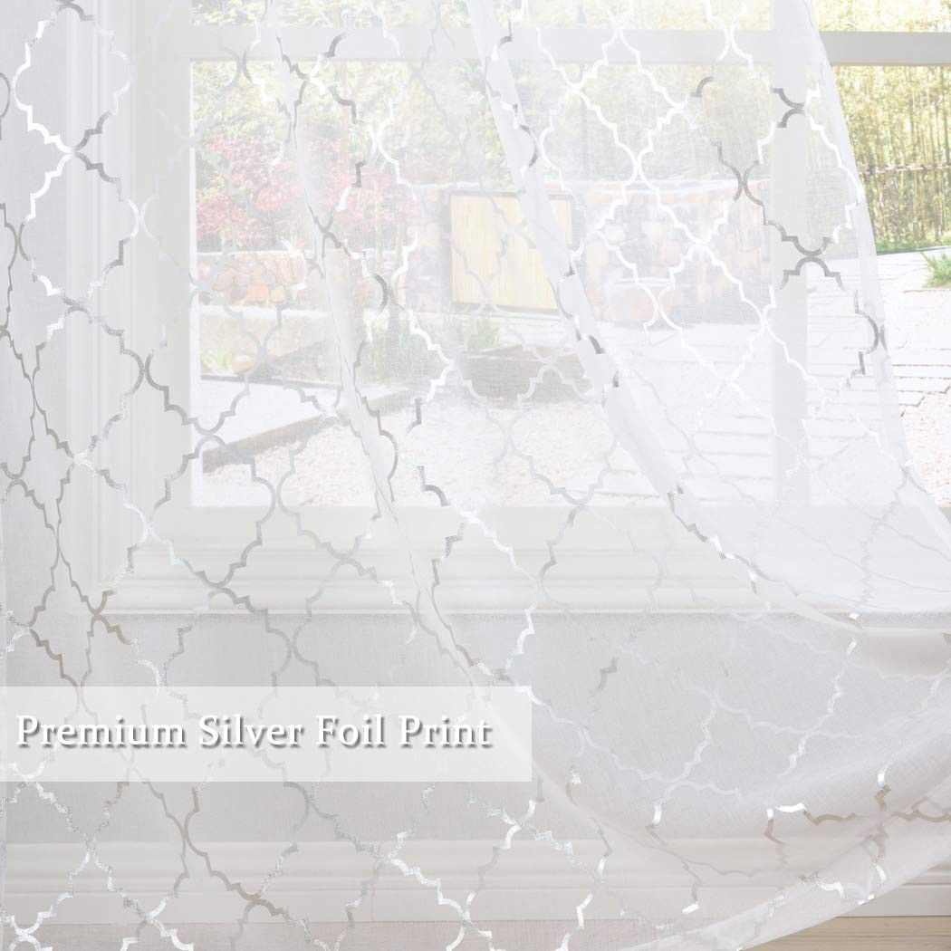 White Sheer Curtains with Silver Foil Moroccan 52×95 Inch, 2 Panels