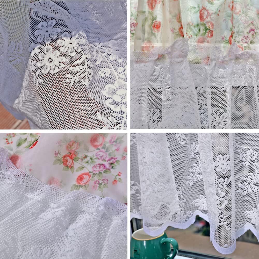 White Floral Rose Lace with Pastoral Flowers Sheer Curtain Valance, 1 Panel
