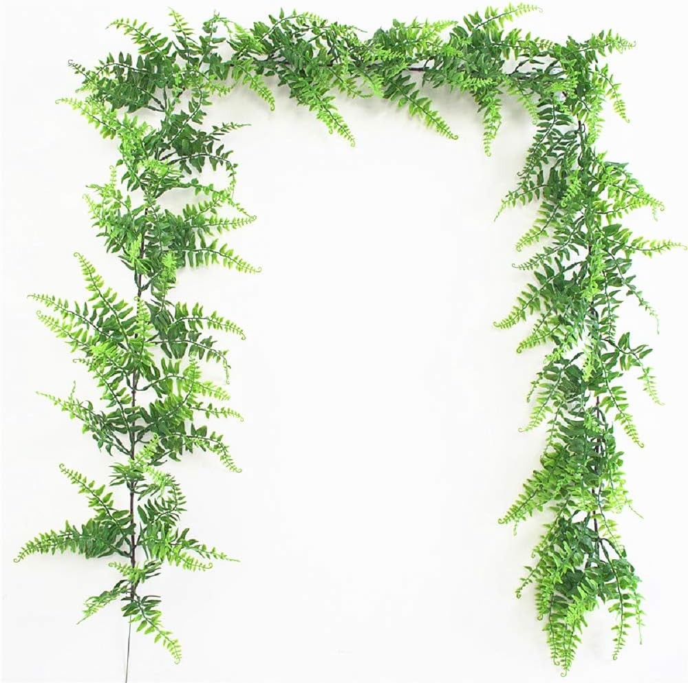 Faux Boston Ferns Plant Artificial Vines Hanging Leaves Greenery Green