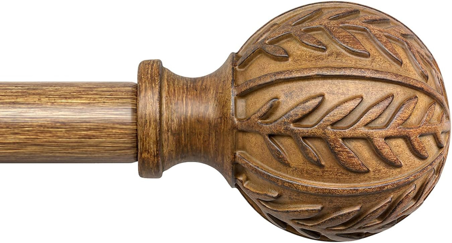 2 Pack Adjustable Wood Curtain Rods 66-120 Inch with Leaf Finials, Boho Style