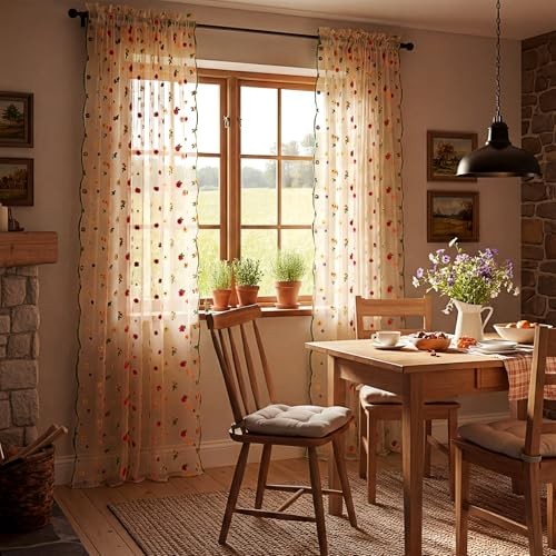 Gilprop Floral Sheer Curtains for Window Champagne Embroidery 52 x 96 Inches