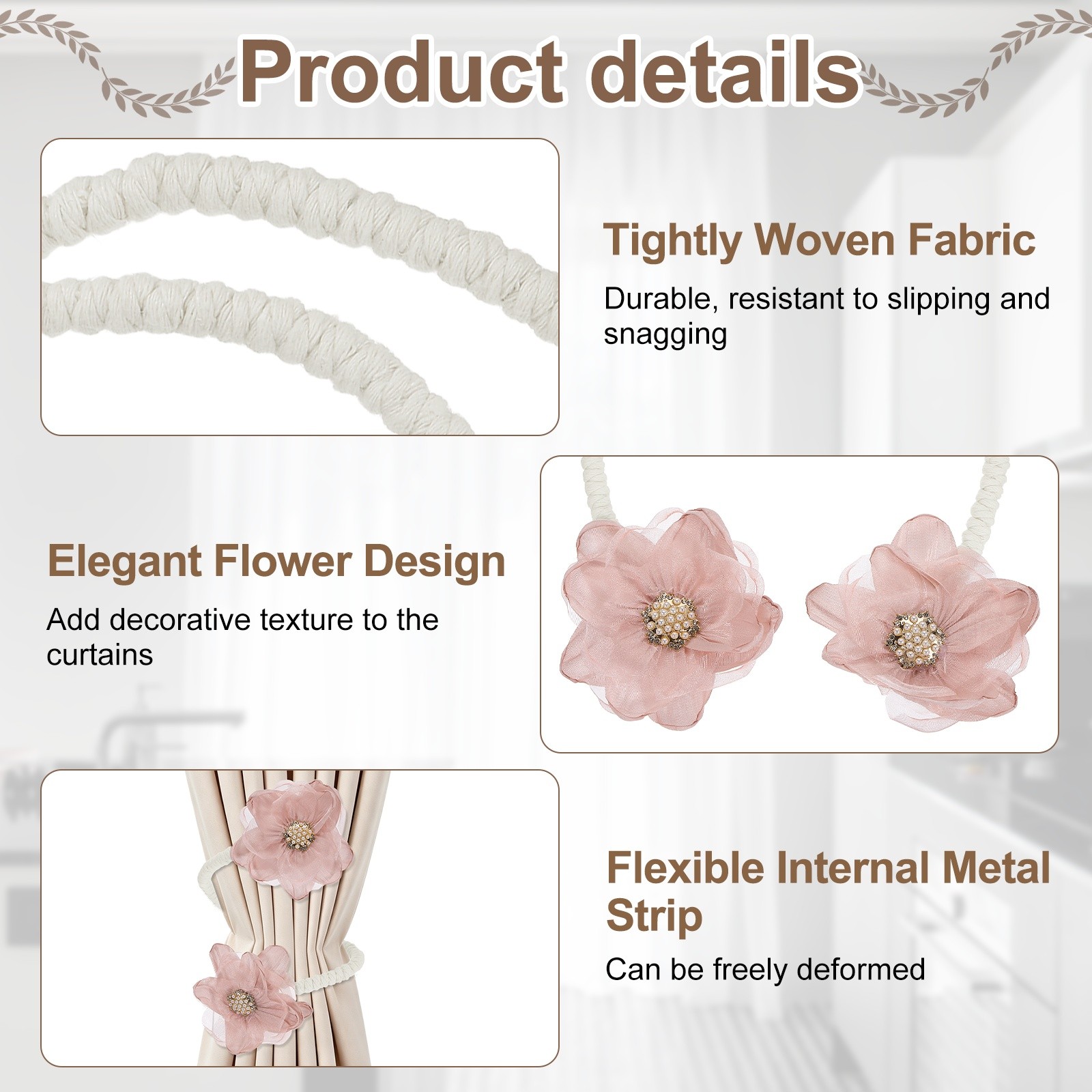2Pcs Flower Curtain Tiebacks, 2 Flower 45cm Twist Holdbacks Clip, Pink