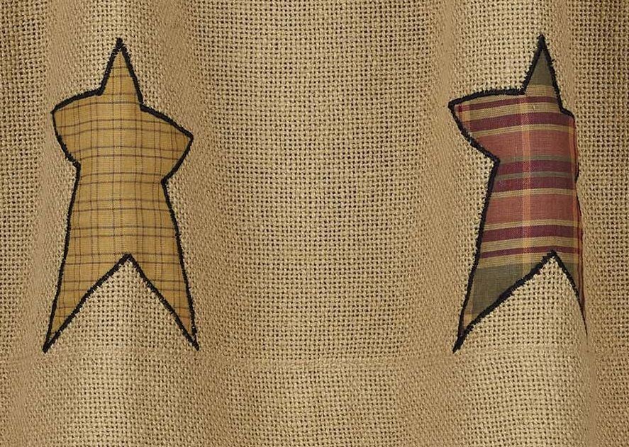 Rustic Burlap Window Valance Country Plaid Star Patches 60″ Wide Stratton
