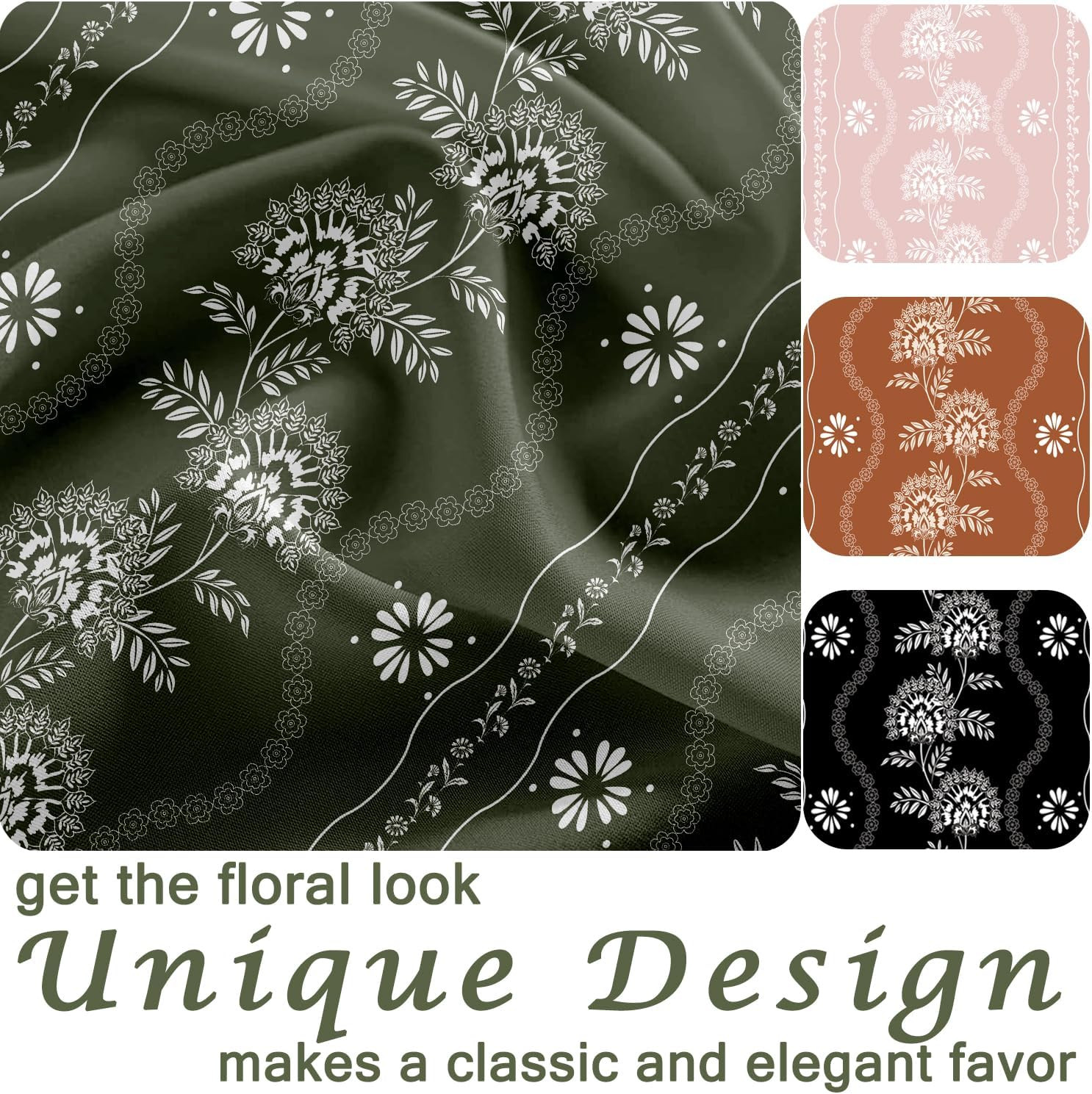 Green Floral Curtains 84 Inch Length 2 Panels Set Olive Green and White Vintage