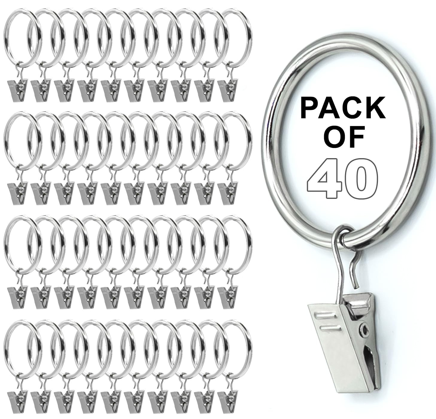 Silver Heavy Duty Curtain Rings With Clips Fits Rod Up To 1.25 In 40 PCS