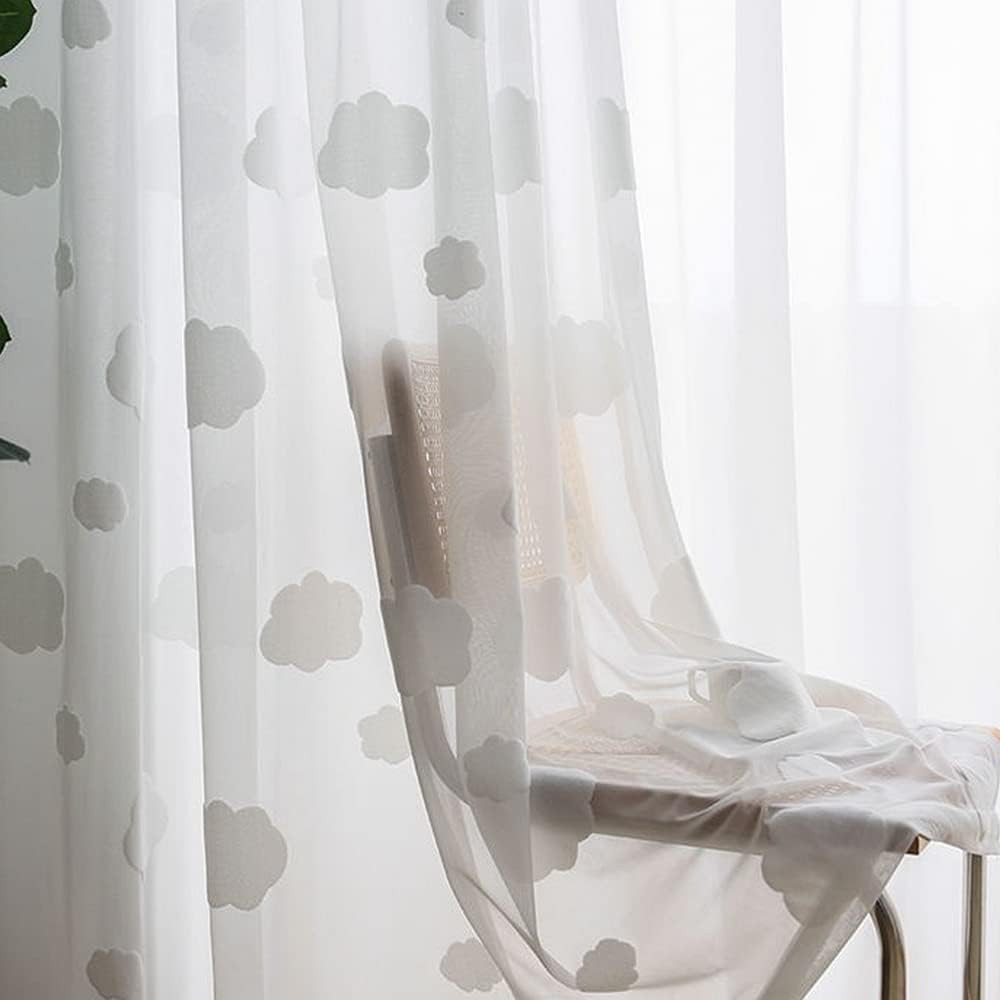 White Cloud Pattern Semi Sheer Curtains for Kids Bedroom | Light Filtering Rod P