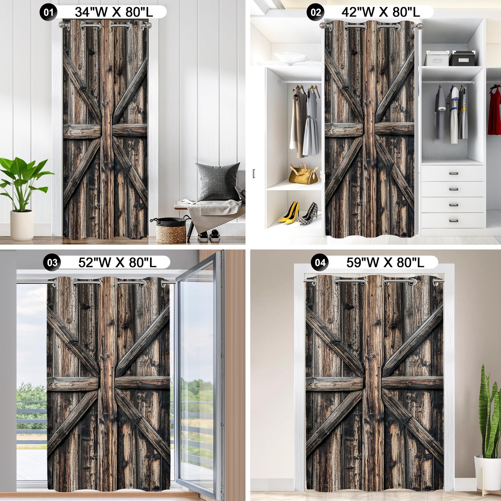 Wooden Barn Doors Door Curtains for Doorways, Rustic Farmhouse Art Wood Blackout