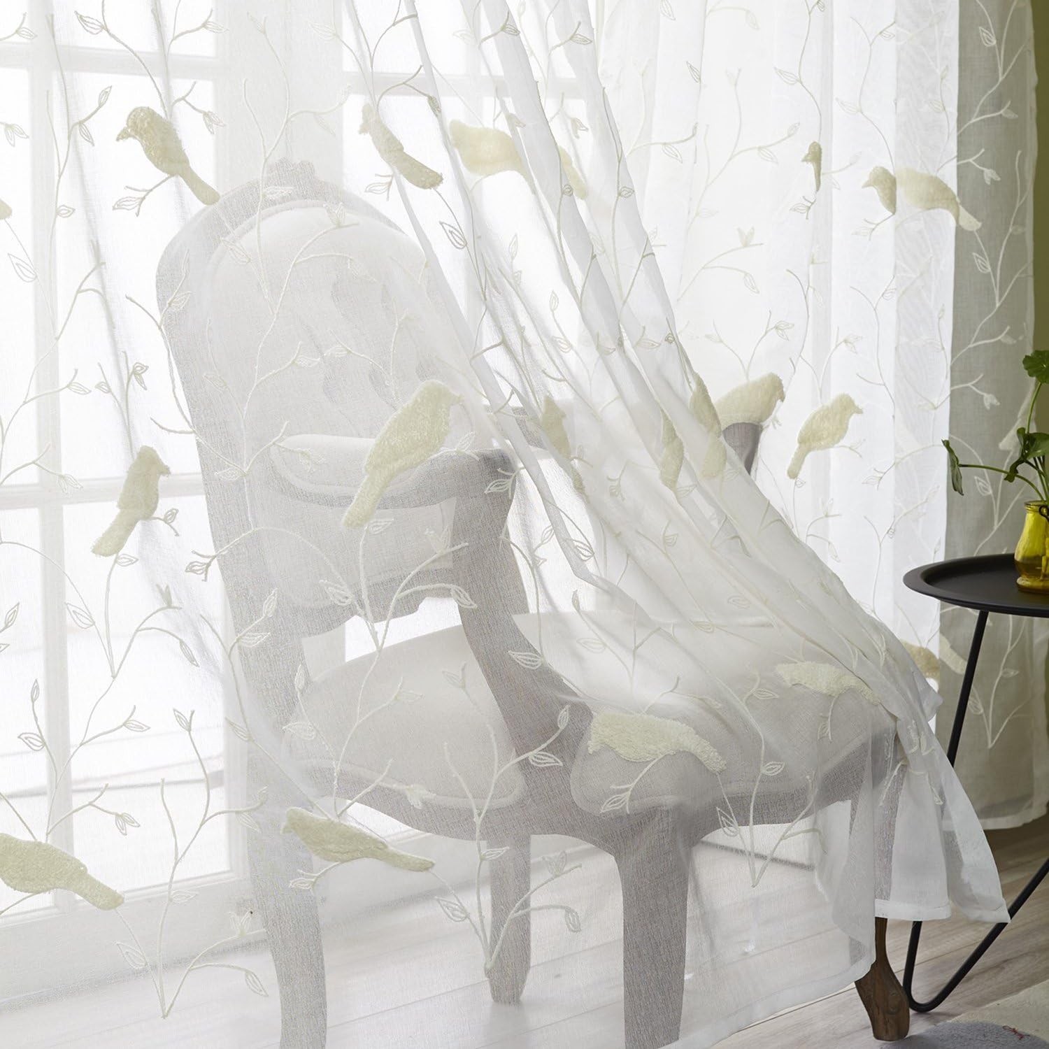 Rod Pocket Sheer Curtains Elegant Embroidered Bird Design White Window Drapes…