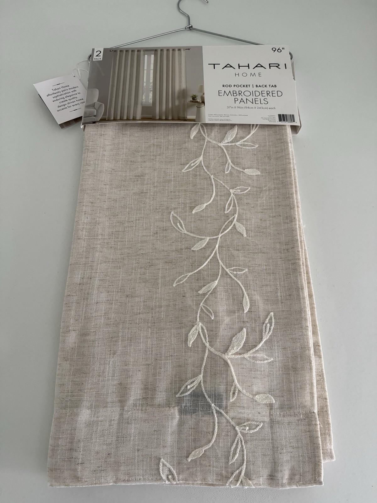 New TAHARI Window Curtains 2 Panels Beige 37 x 96 Linen Embroidered Back Tab