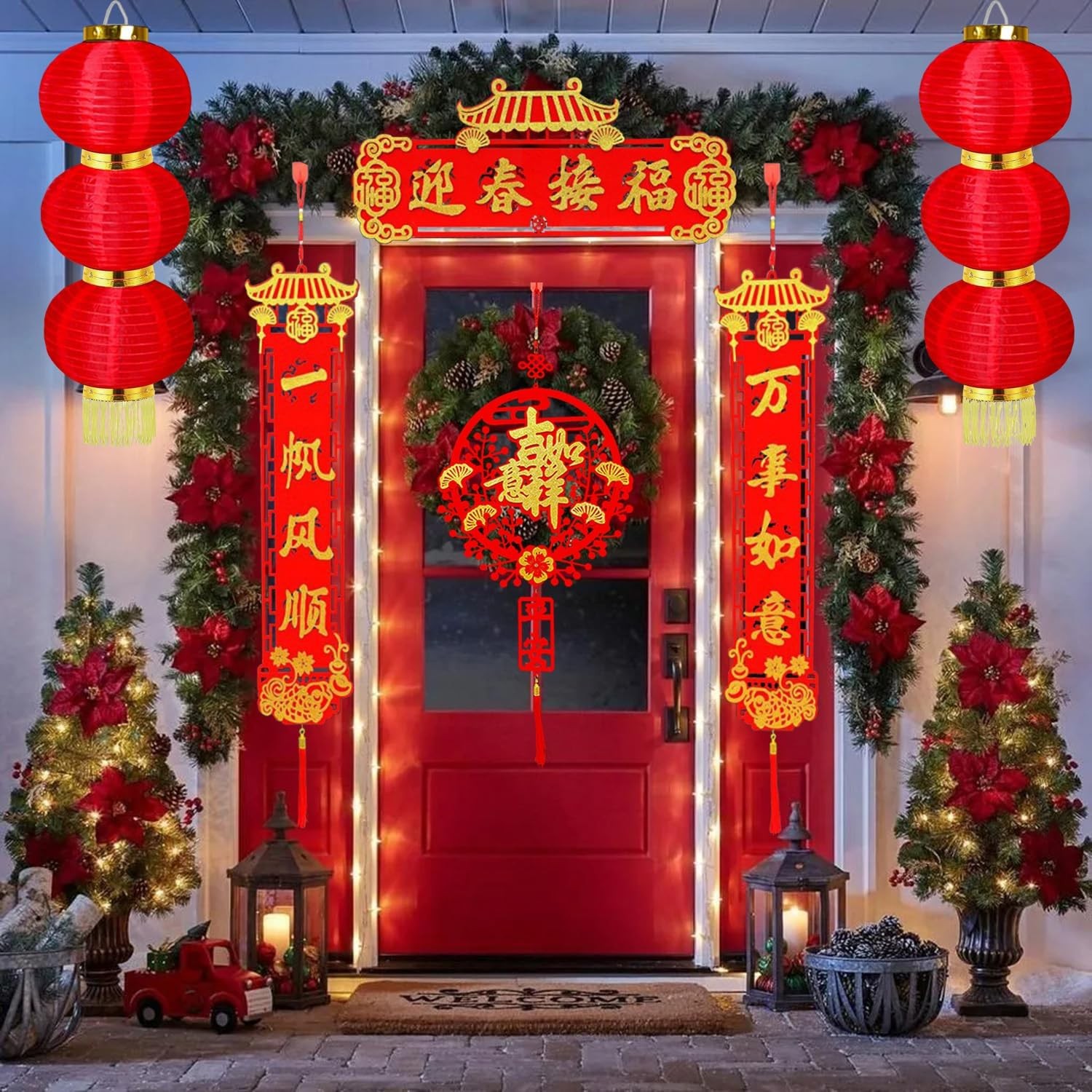 Chinese New Year Decorations 2 Sets Red Fabric Lanterns Decorative Hanging La…