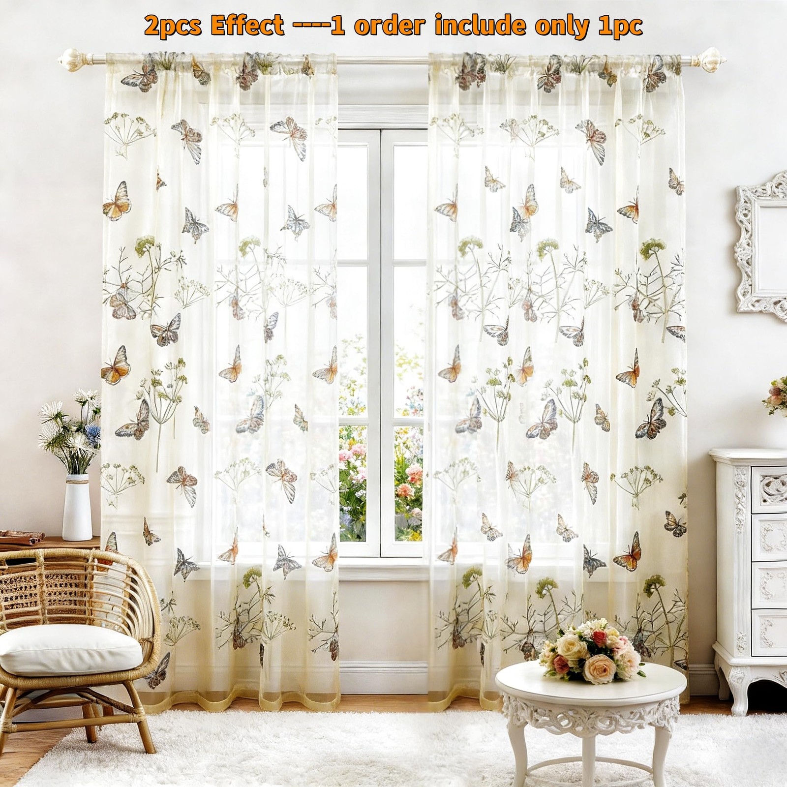 Embroidered Butterfly Window Semi Sheer Curtains for Room Country Style Dande…