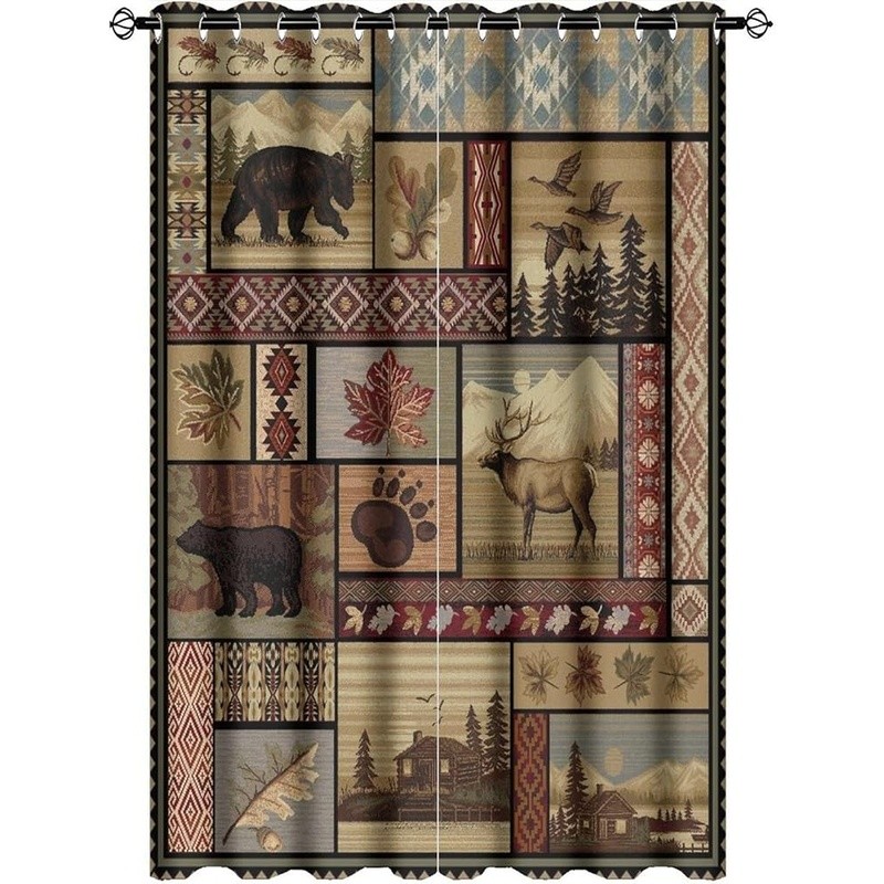 Blackout Curtains Grommet Panels Soft Polyester Deer Bear Print Room Darkening