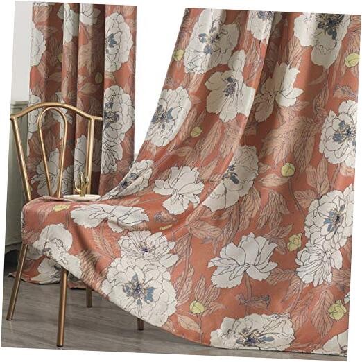 52×72 Blackout Curtains – Faux Linen Floral 52″W x 72″L (Pack of 2) Orange