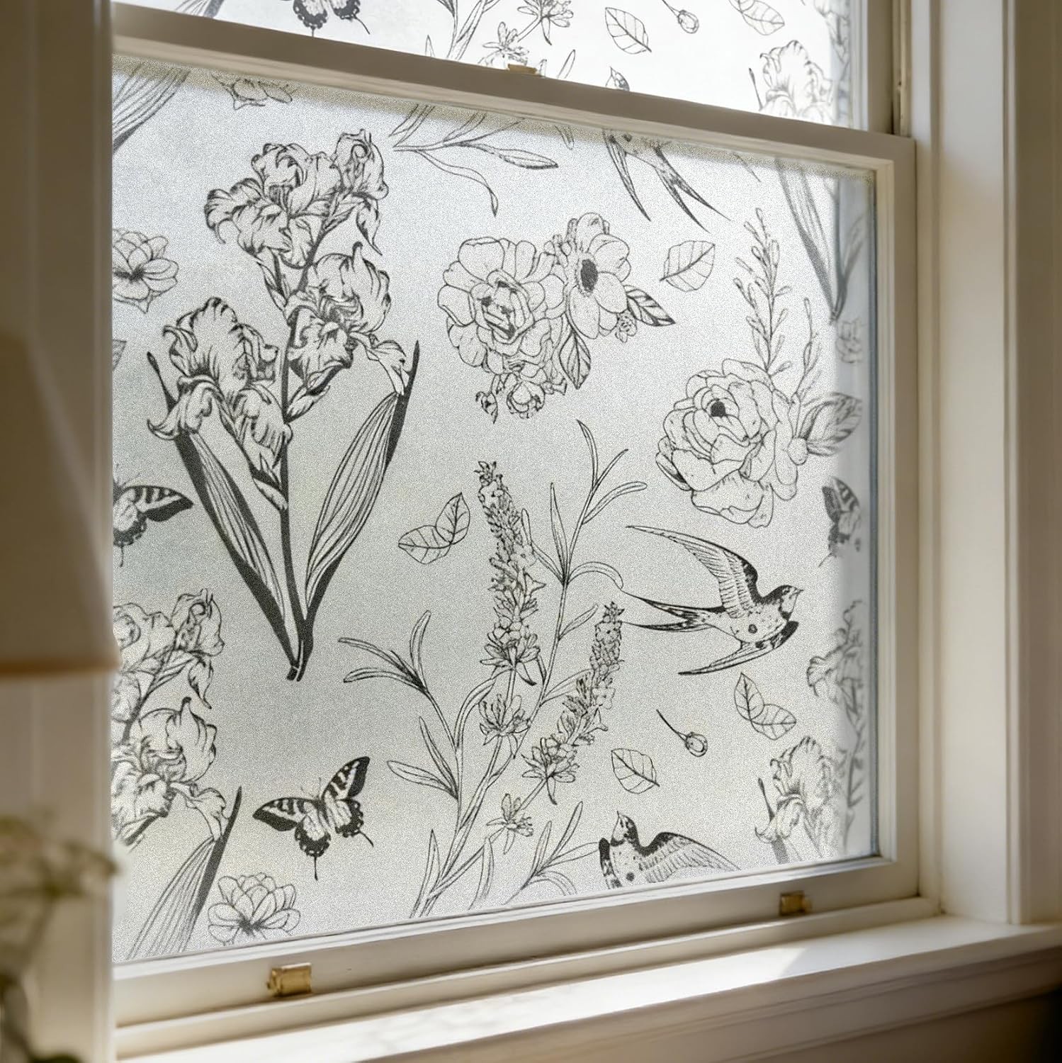 Black White Floral Bird Static Cling Privacy Window Film Frosted Decorative