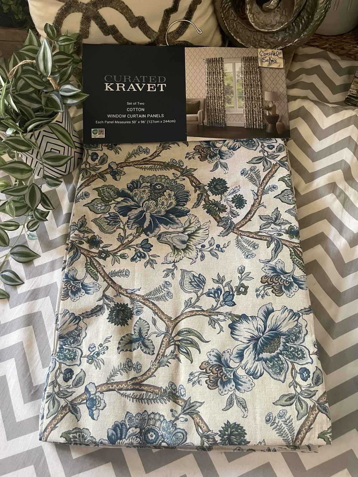 CURATED KRAVET 2-Panel Curtain Set Jacobean Blue Garden Floral Cotton 50X96 NWT