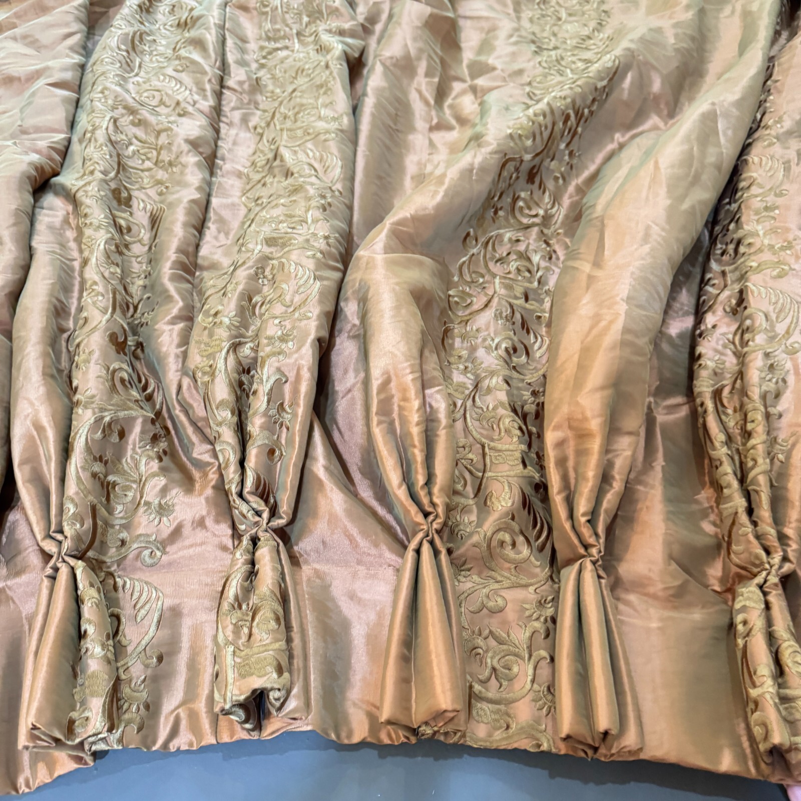 custom pinch pleat drape curtain panel brown damask floral beaded edge