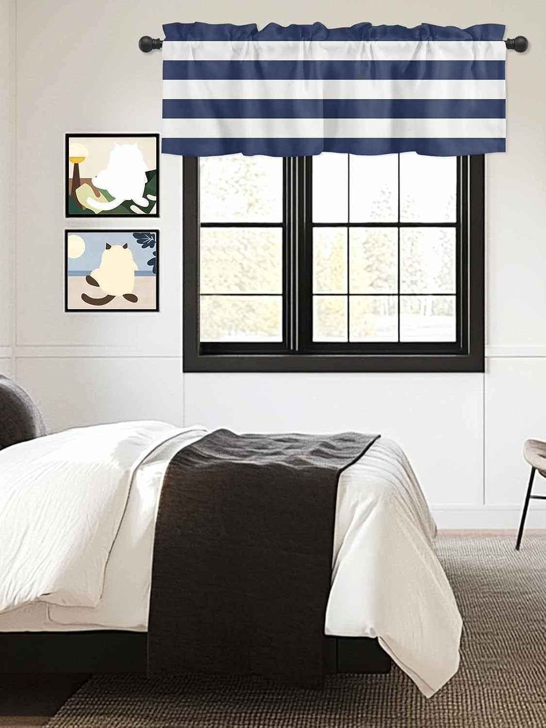 Navy Blue White Striped Valances Curtain for Kitchen Cafe, Nautical Modern Stri